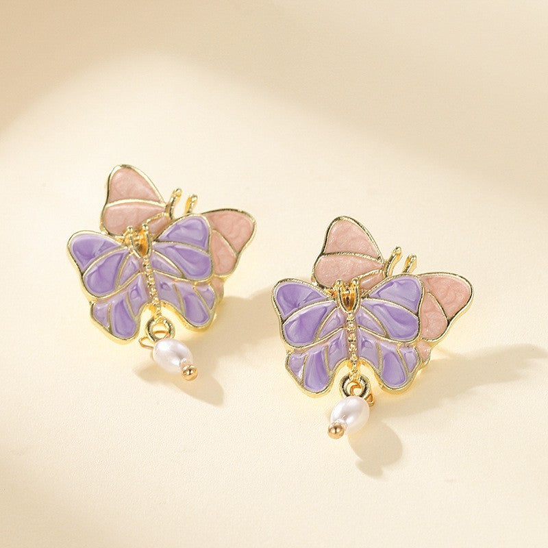 French Butterfly Oil Drop Pink Fashionable Retro Hong Kong Style Earrings For Women, Gentle And Super Fairy Pearl Personality Earrings